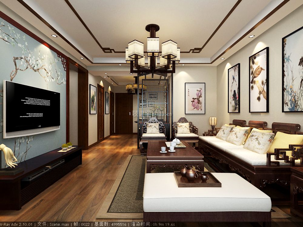 新中式风格140平方三居室客厅实木沙发装修效果图