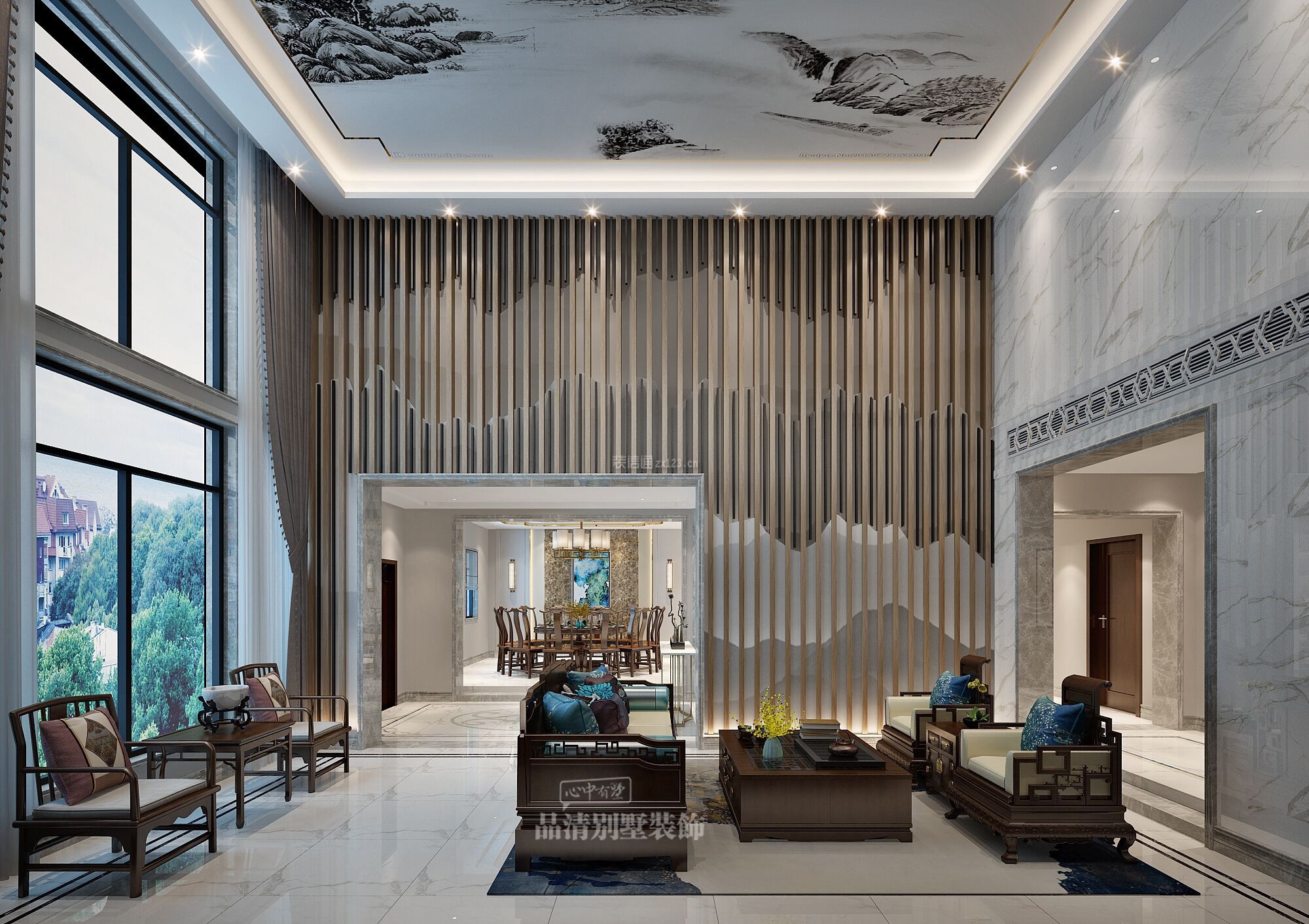 600平米新中式风格别墅大客厅装修效果图