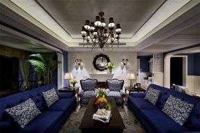 美式风格三居室客厅蓝色沙发图片