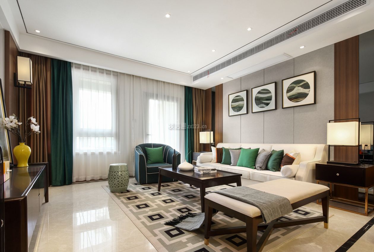 120平米现代中式风格三居室客厅沙发墙设计图片