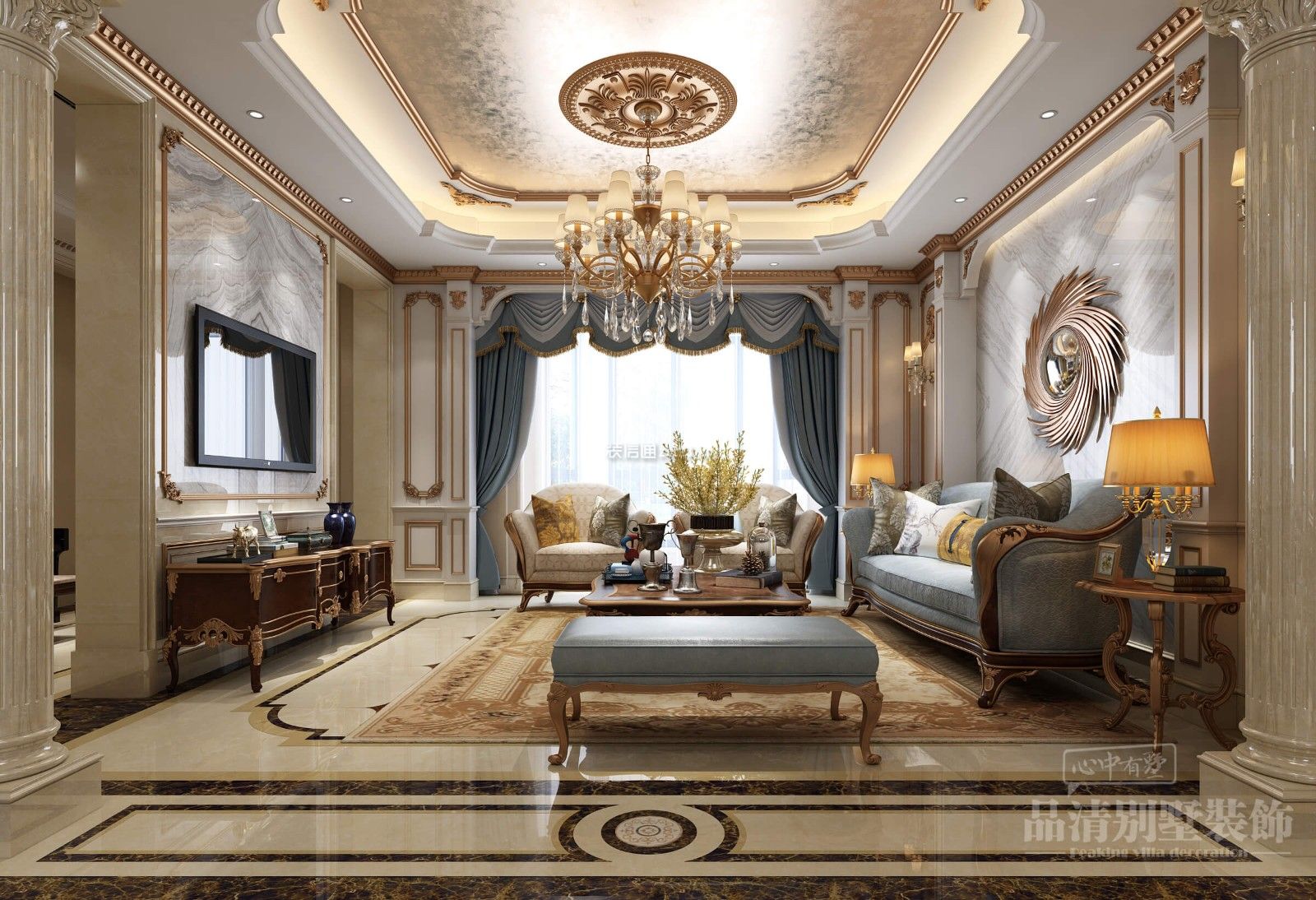 2020法式别墅客厅窗帘设计 2020法式别墅客厅沙发茶几图片 
