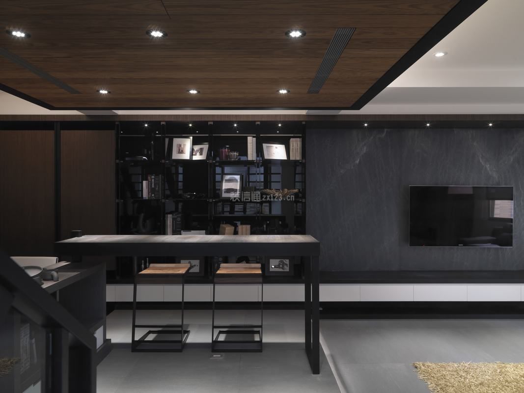 现代风格132平房屋黑色电视墙设计效果图