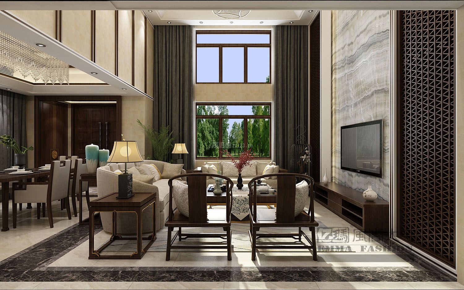 新中式风格170平复式客厅窗帘家装效果图