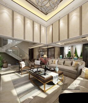 新中式风格170平复式客厅沙发家装效果图