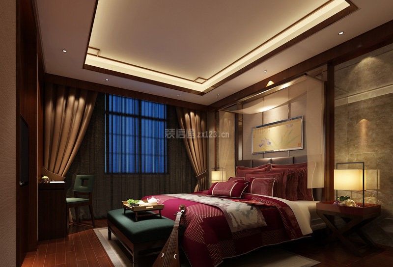 110平三居中式风格家庭卧室窗帘图片