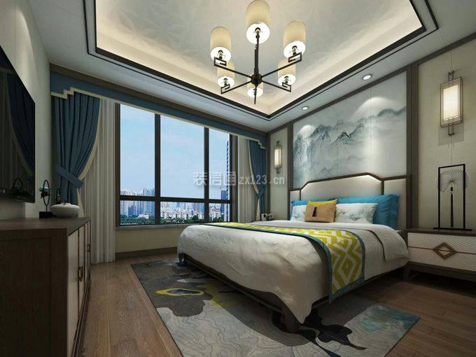 130平米新中式风格三居卧室背景墙装修效果图