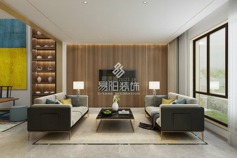 现代轻奢风格500平别墅客厅木质电视墙家装效果图