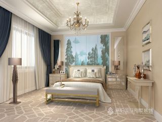 简法式风格340平米别墅卧室床头背景墙装修效果图