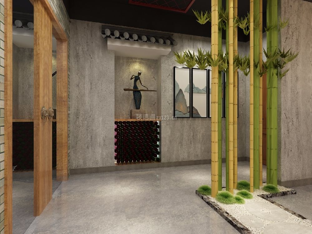 中式風(fēng)格70平米茶館過道裝修效果圖