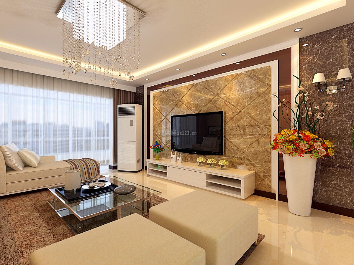 现代简约风格123平米家庭客厅电视瓷砖背景墙效果图
