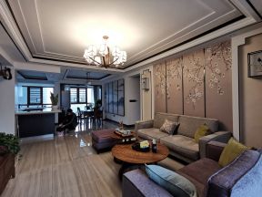 102平米新中式三居室客厅沙发背景墙装修实景图片