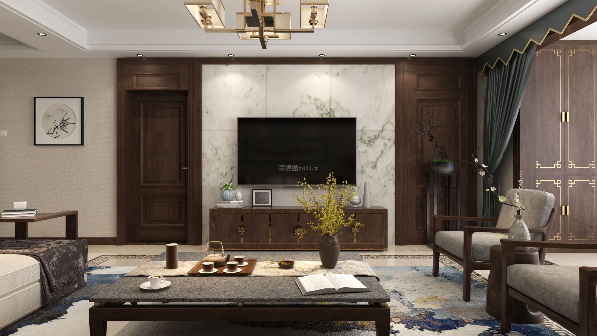 185平新中式四居室客厅电视背景墙家装效果图