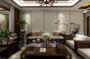 126平米新中式三居室客厅沙发墙装饰效果图