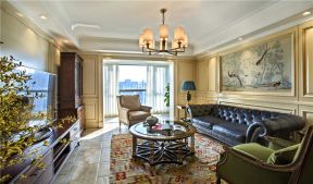 84平米简美式风格平层客厅真皮沙发设计图片