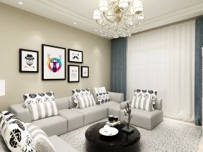 105平现代风格家庭客厅白色窗帘装饰效果图