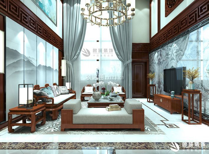 中铁琉森水岸270㎡中式复式客厅装修效果图