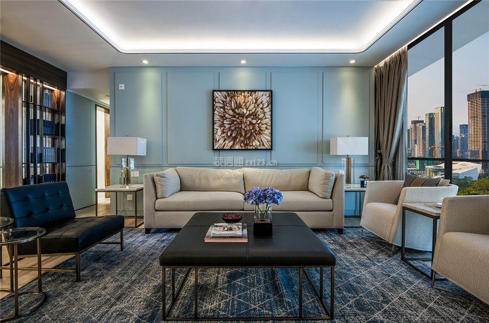 现代风格三居室客厅背景墙淡蓝色装修图片