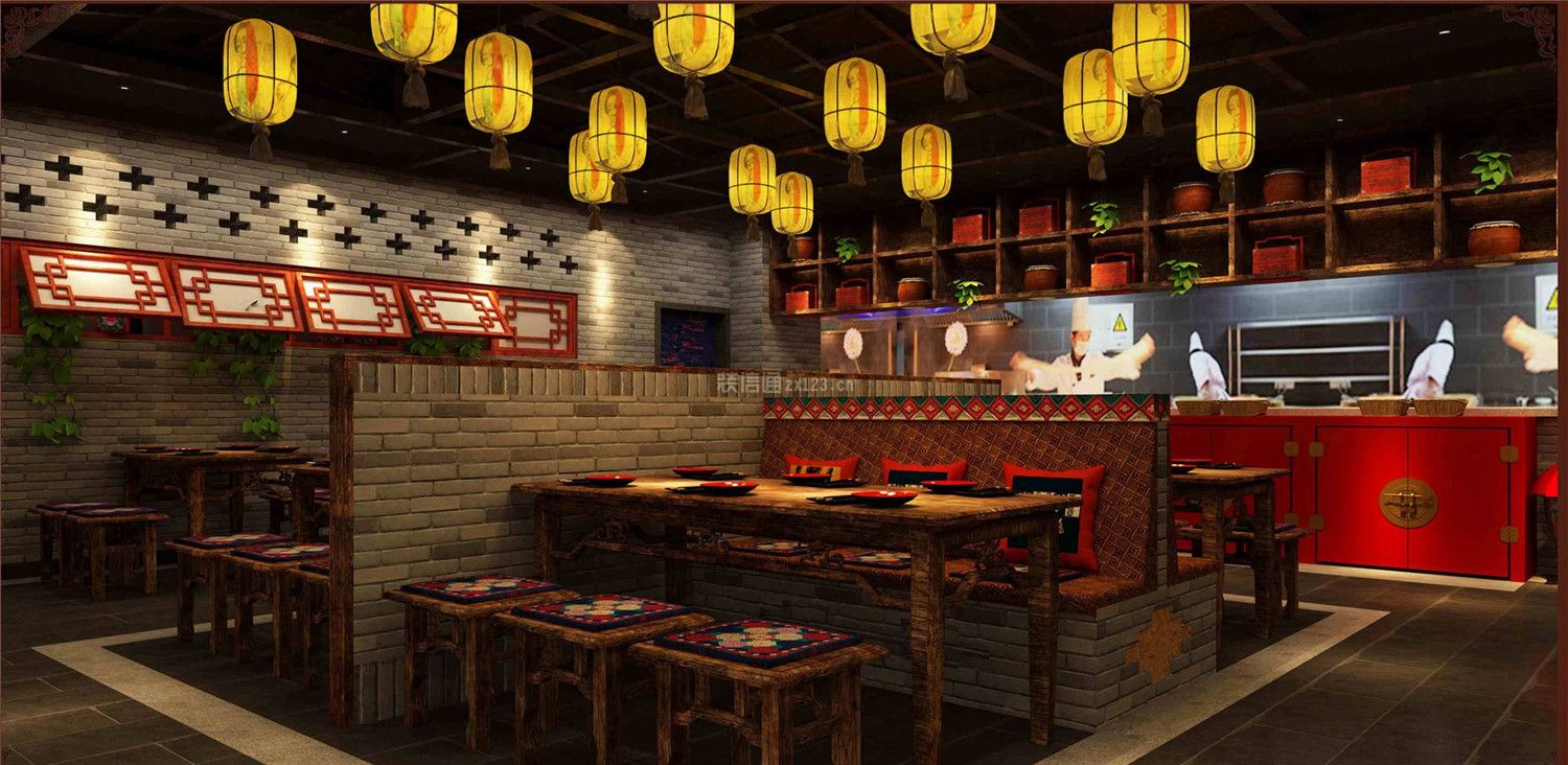 中式风格餐饮店面桌椅布置效果图