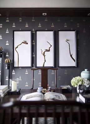 140㎡新中式风格家庭书房背景墙装饰图片