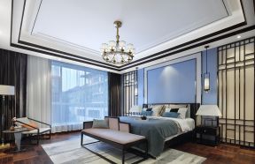 新中式风格97平四居卧室床头背景墙设计效果图