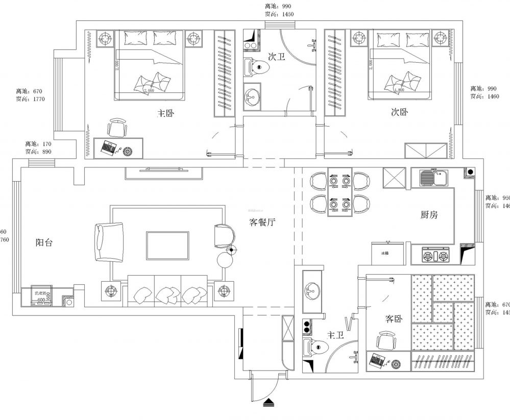138平方米三居室户型布置图