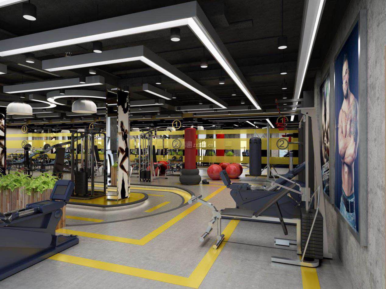 达胜健身800平工业风格健身房背景墙装修效果图