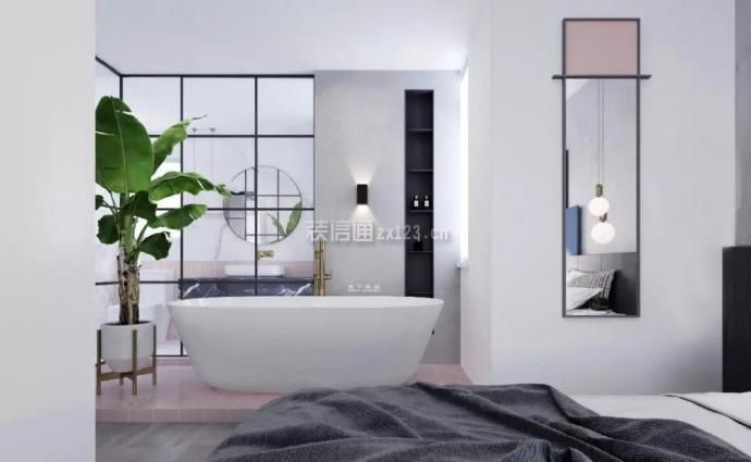 104平米现代北欧风格三居卧室浴缸搭配设计图