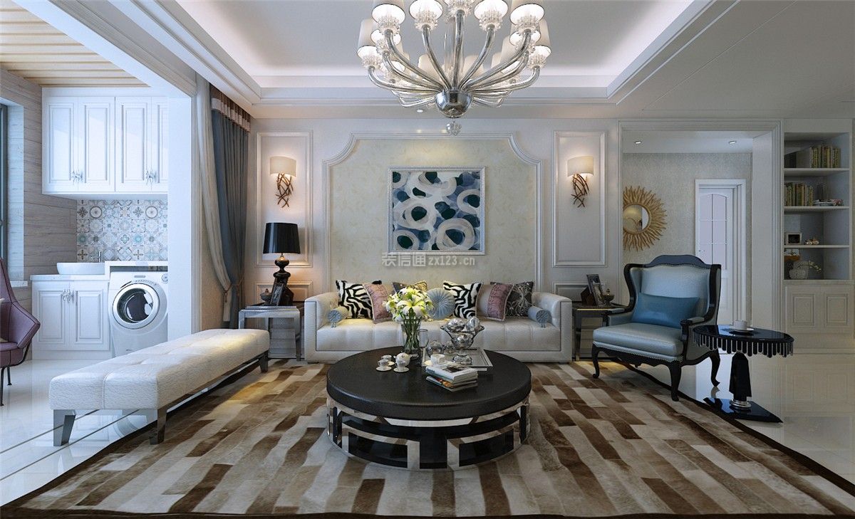 现代美式风格140平三室客厅沙发墙装修效果图
