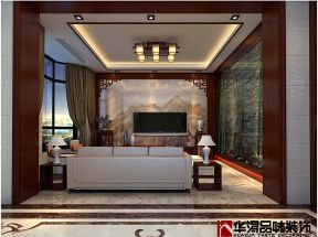 中式风格别墅客厅电视墙背景瓷砖效果图