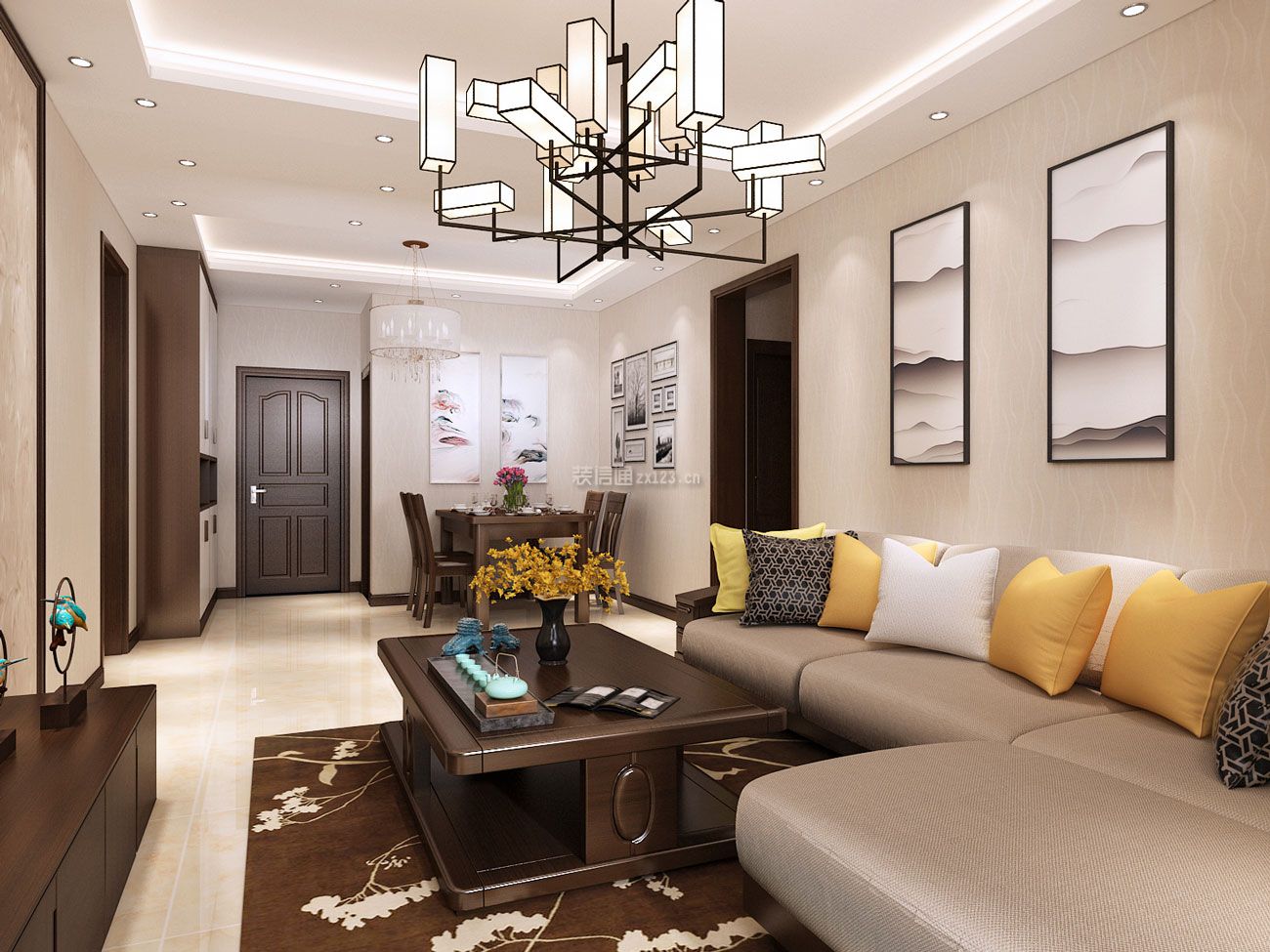 117平方米新中式三居室客厅沙发设计效果图