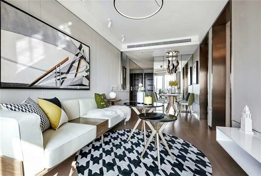 现代轻奢风格家庭客厅圆形地毯装修效果图