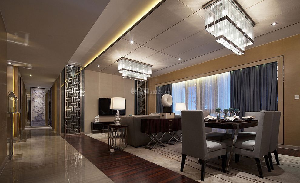 120平新中式风格家庭客餐厅吊顶设计图