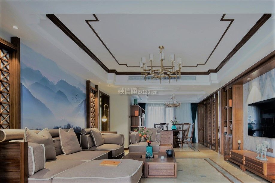 新中式风格300平别墅客厅吊顶设计图片