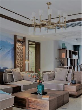 新中式风格300平别墅客厅实木茶几设计图片