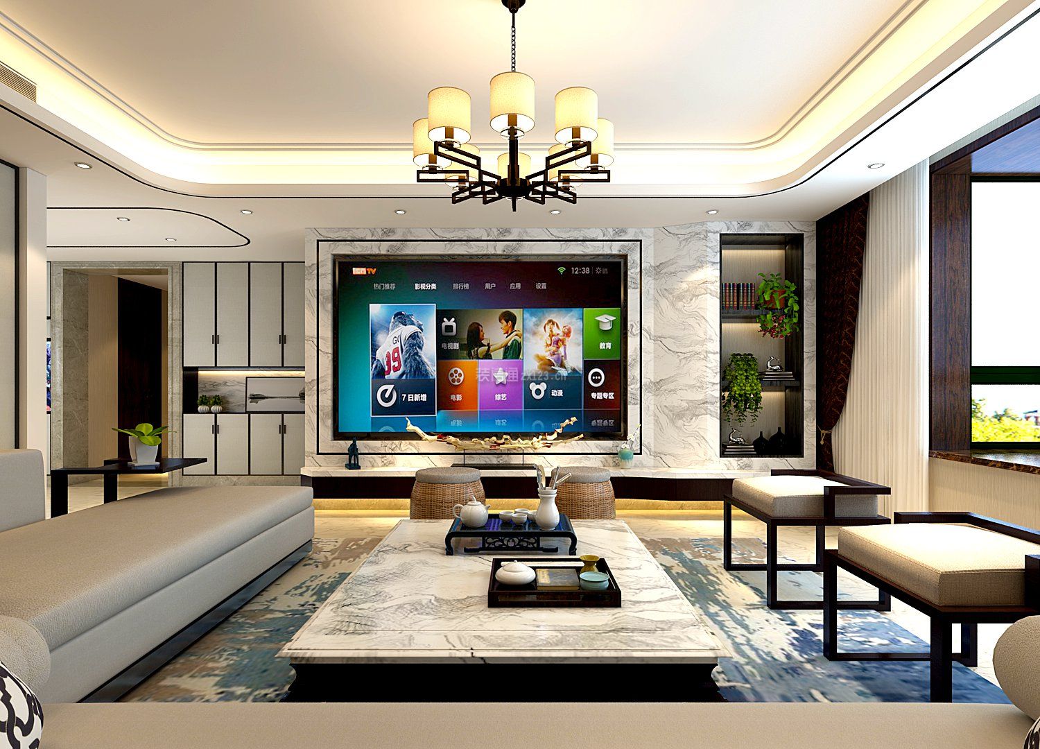 现代中式风格212平米大三居客厅电视墙设计效果图