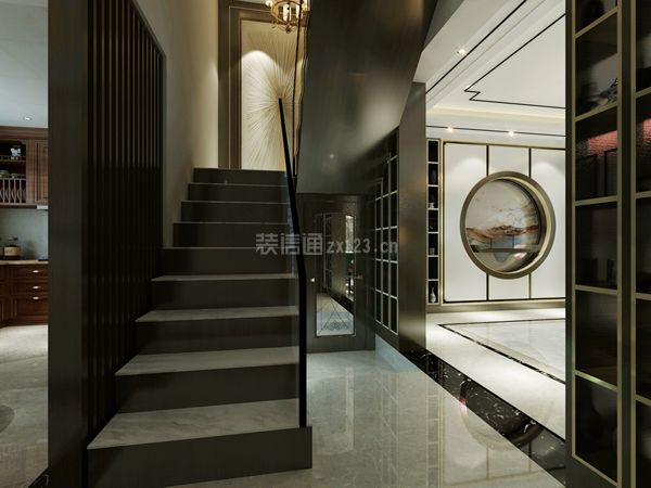 300平米新中式风格别墅过道楼梯间装潢效果图