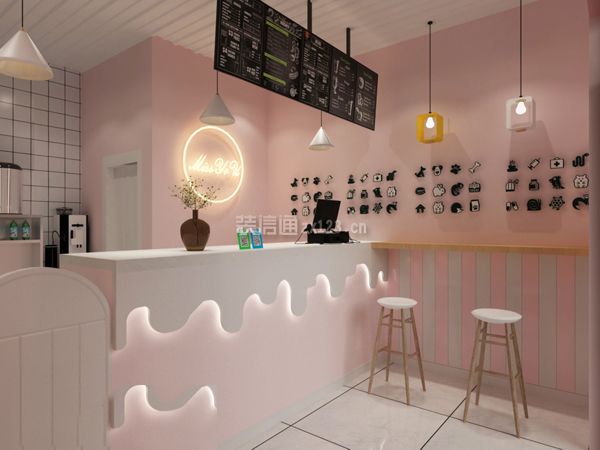 现代风格20平米小型奶茶店吧台设计效果图
