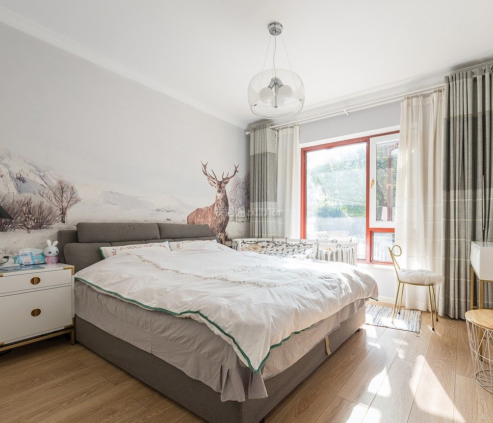 小北欧风格108平米三居卧室床头背景墙装修图片