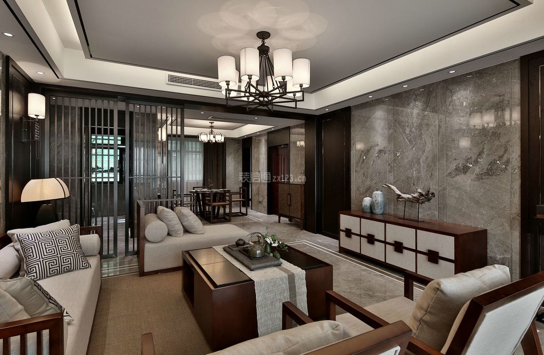 中式新房客厅木质隔断设计装修图片