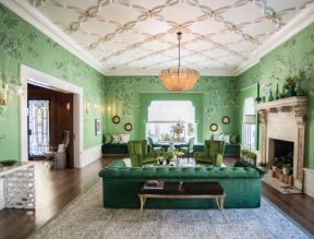 欧式风格大客厅绿色家居花纹壁纸装饰设计图片
