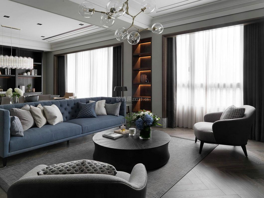 新房子客厅蓝色布艺沙发装修设计图片 