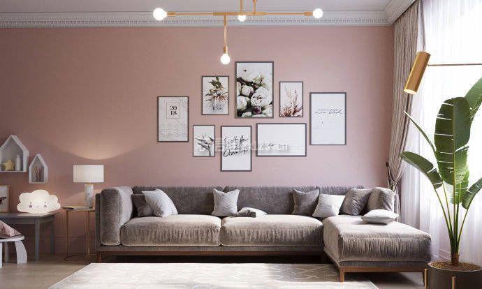 现代北欧风格88平米二居客厅粉色背景墙设计图