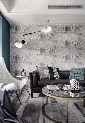 125平米现代轻奢风格三居客厅黑色沙发设计效果图片