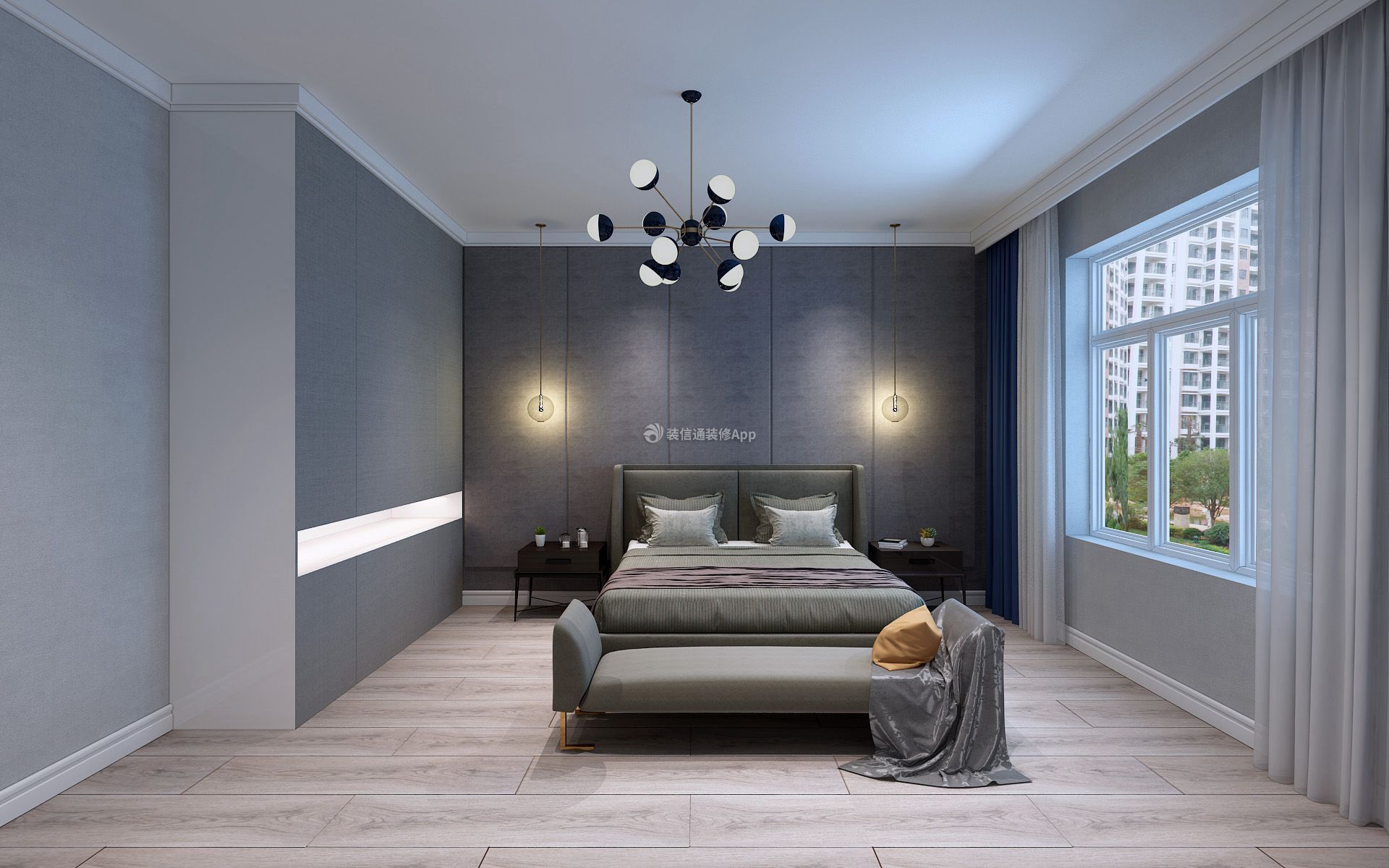现代风格90平方米两居室卧室背景墙设计效果图