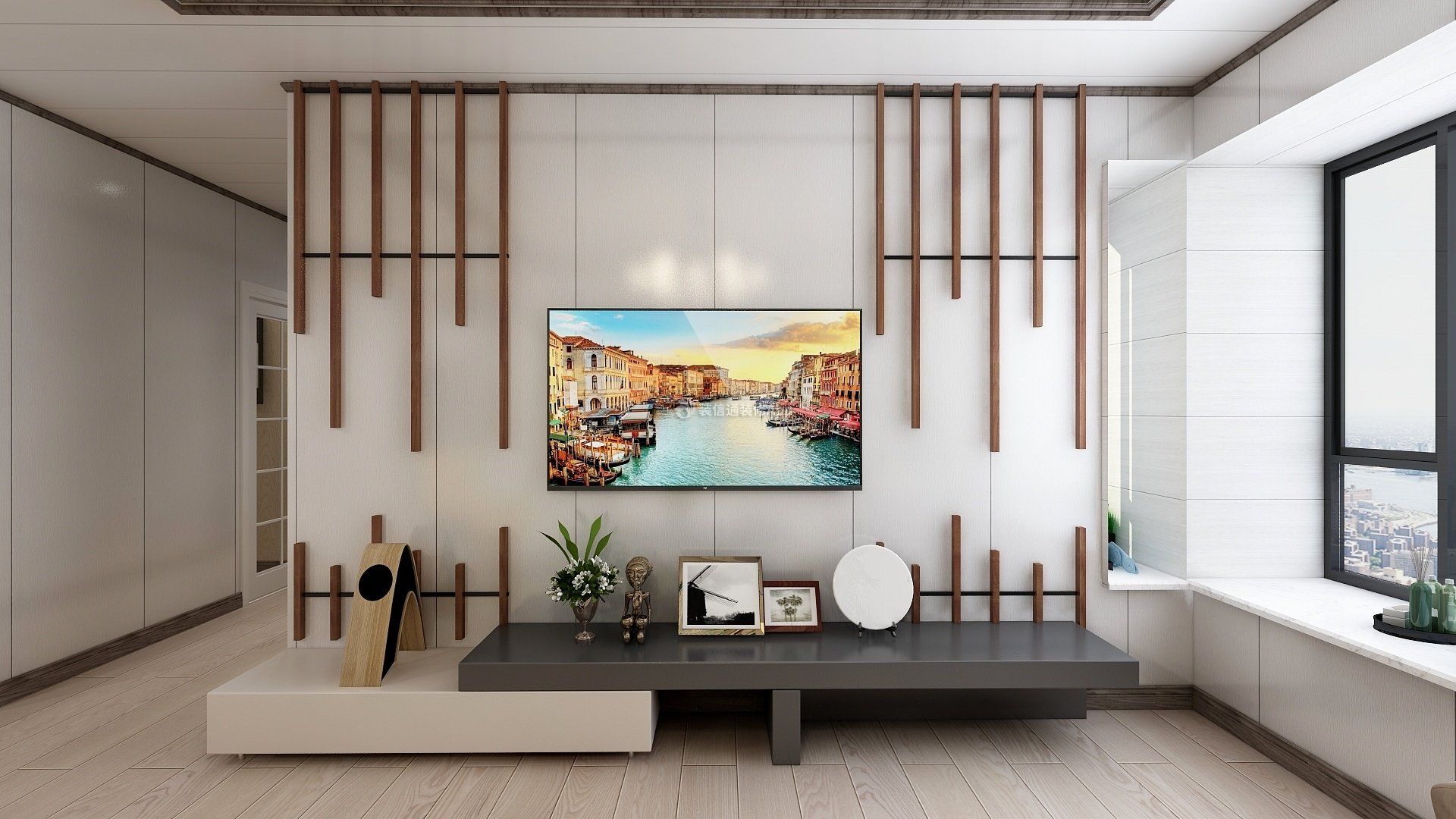 130平米现代简约风格四居室客厅电视墙装潢效果图