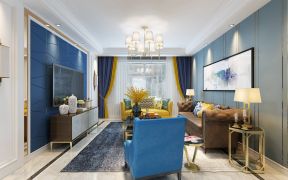 现代轻奢风格100平方米两居客厅蓝色电视墙装潢效果图