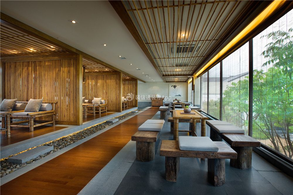 新中式风格1500平米主题酒店休闲区落地窗装修图片