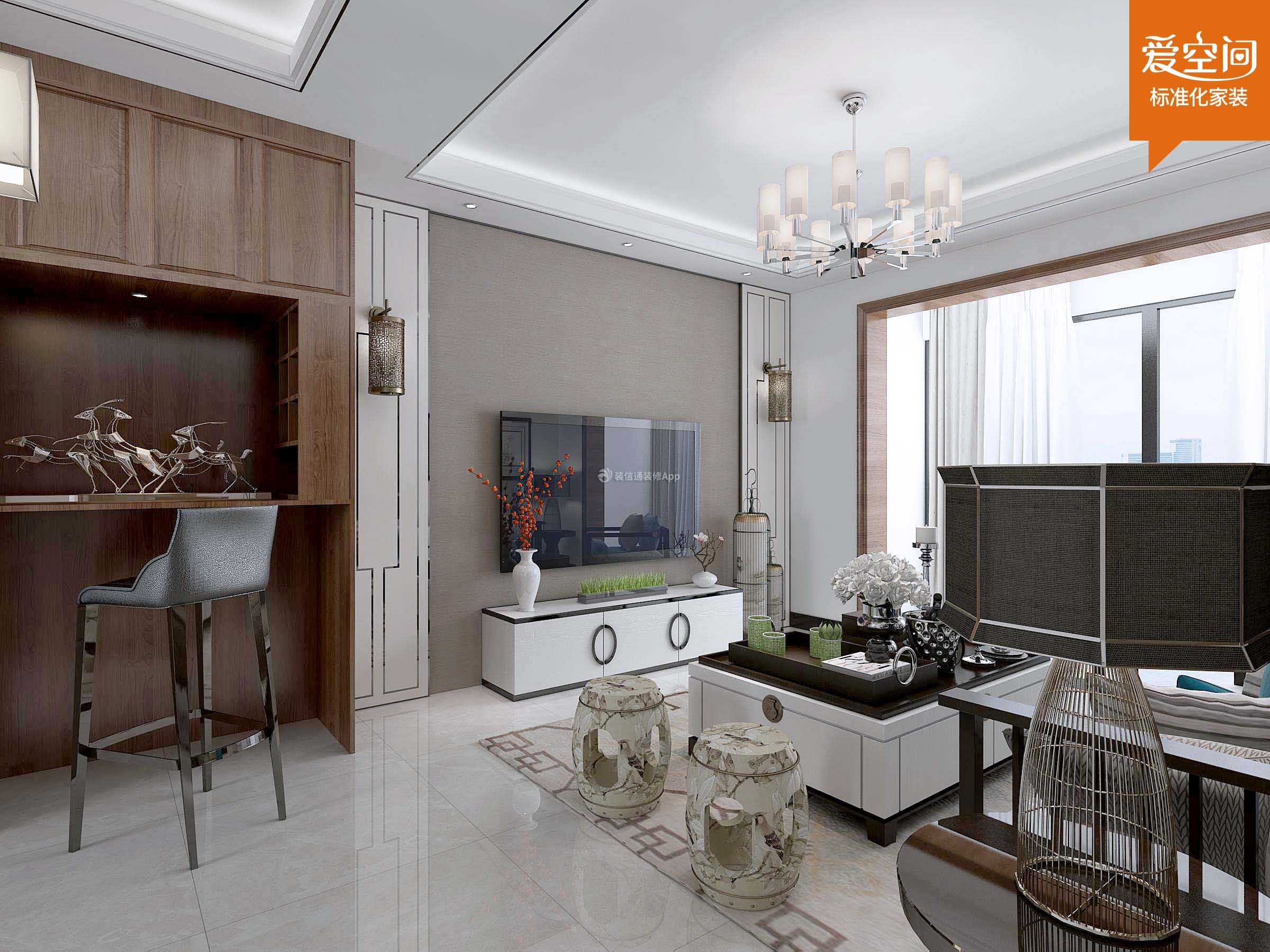 新中式风格88平二居室客厅电视柜设计效果图