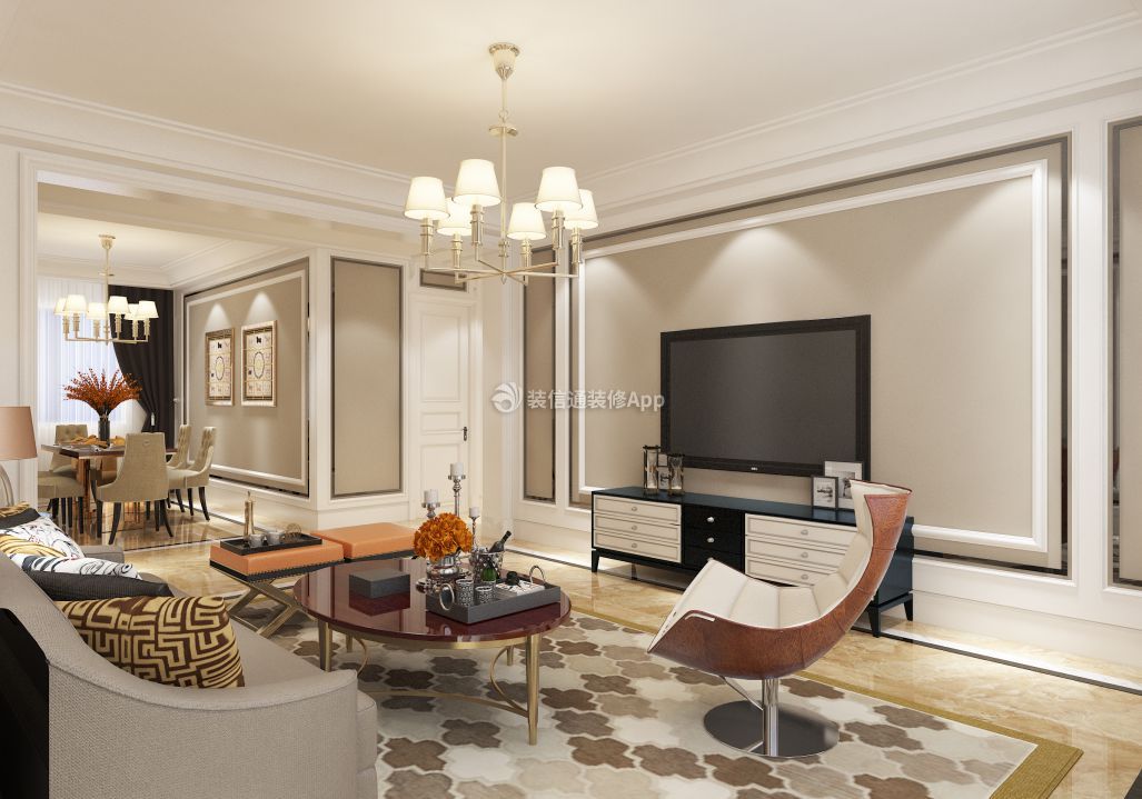 现代风格140平方米三室客厅石膏线电视墙设计图