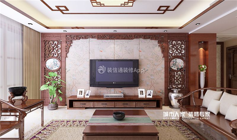 新中式风格160平米家庭房屋客厅电视墙装修效果图